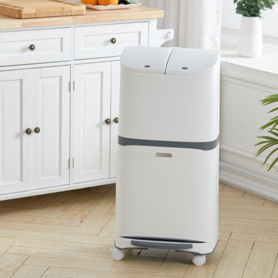 48L Trolley-Style Recycling Bin, Double Compartment Pedal Bin with Wheels